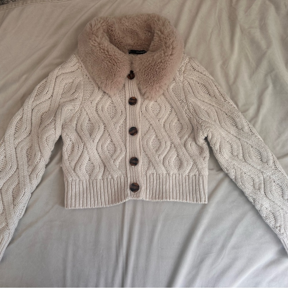 Bershka Cozy Cable Knit Sweater with Faux Fur Collar